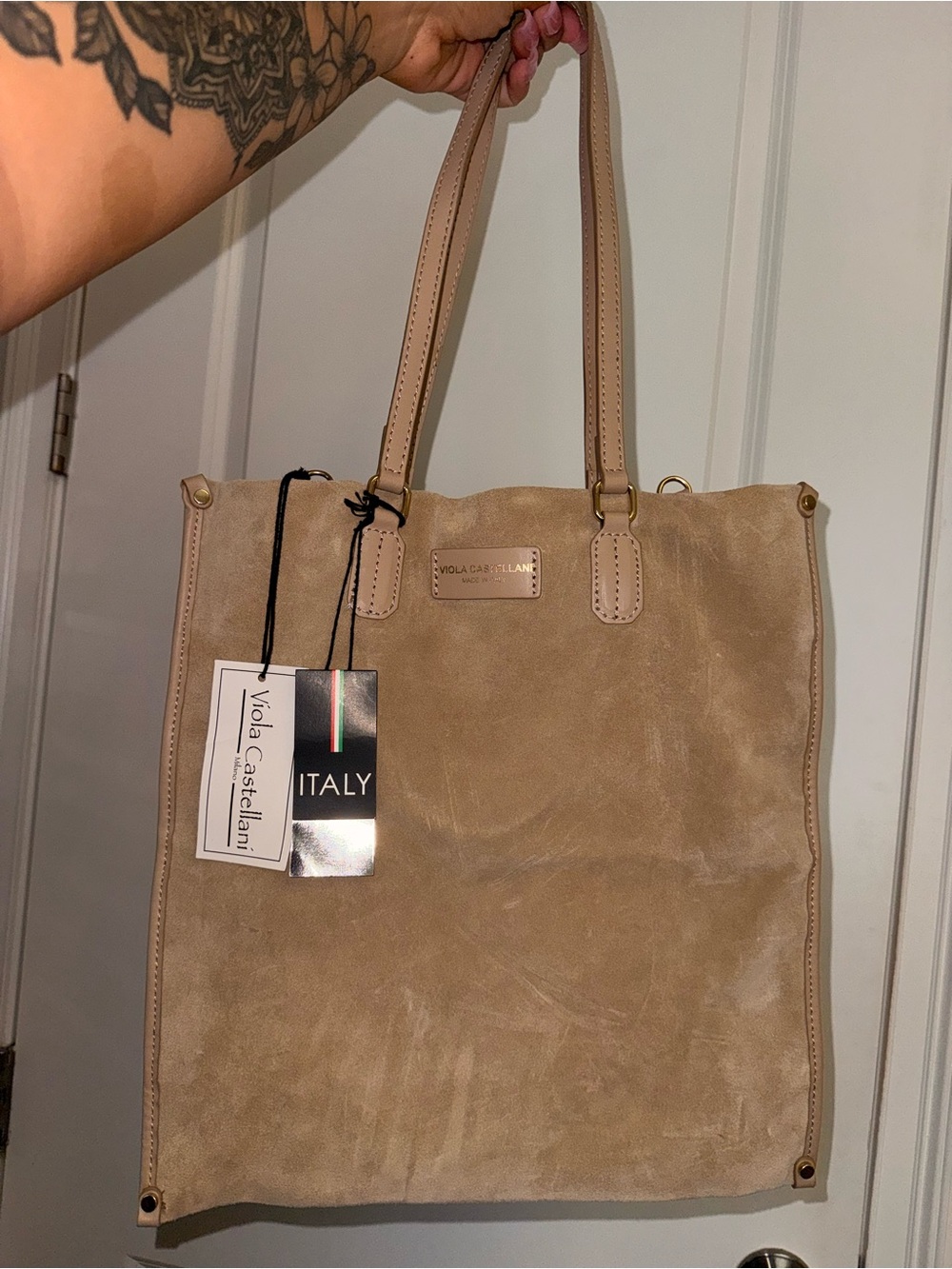Viola Castellani Multi Compartment Tan Suede Tote Bag